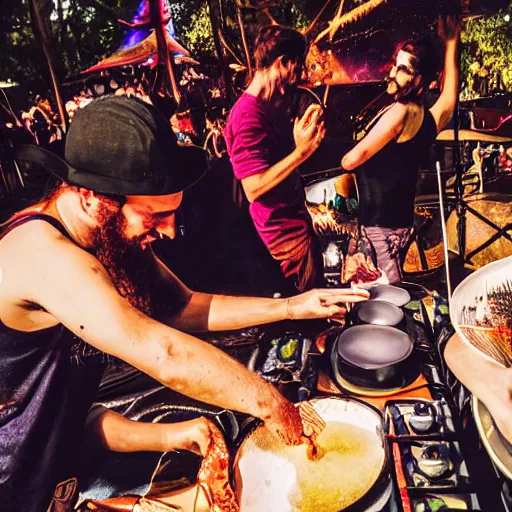 Prompt: scandy and arender, cooking it up, hot hot hot, splash, ahhhhhhh, roomies, bohemian digitals, playing a live gig at ozora festival, over the shoulder photograph, huge crowd, ecstatic, photography