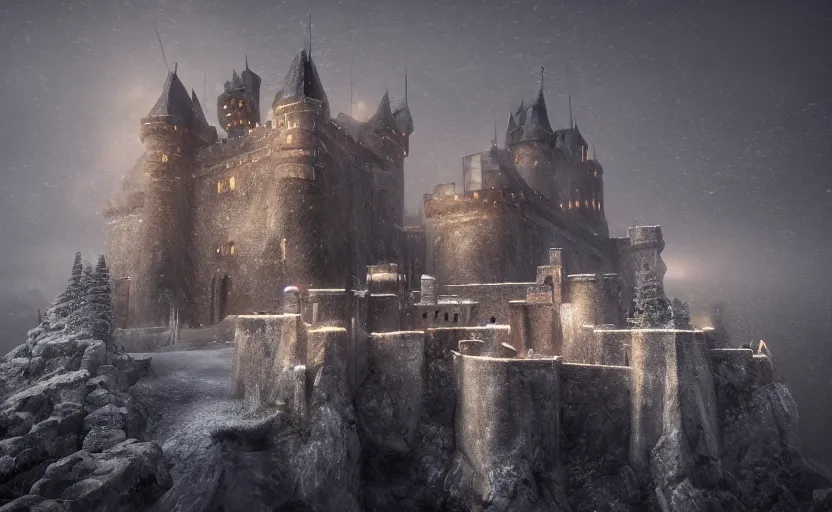 Image similar to magnificent castle besides the sea in the snowstorm at dark night, doomy, Unreal Engine, cinematic photography, highly-detailed, games of thrones, HBO, high resolution, 8k, photorealistic, stunning volumetric lighting