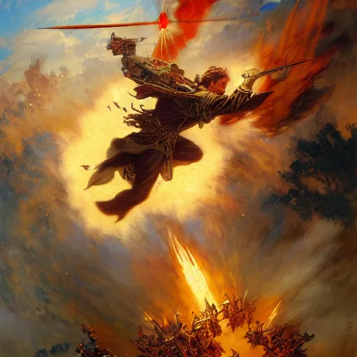 Prompt: stunning male master wizard destroying aircraft by his fire spell, highly detailed painting by gaston bussiere, craig mullins, j. c. leyendecker, 8 k