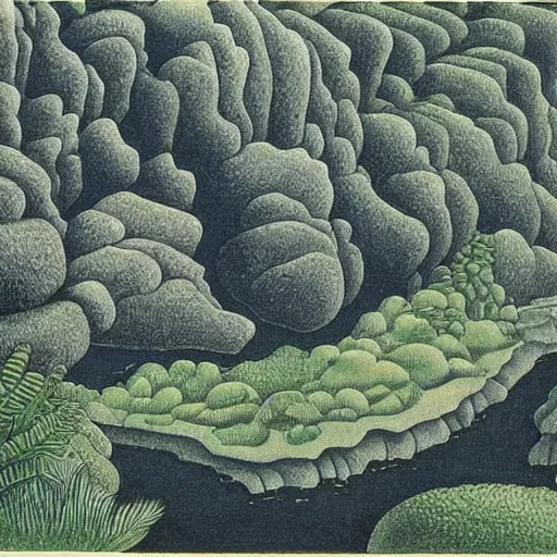 Prompt: painting of a lush natural scene on an alien planet by mc escher. beautiful landscape. weird vegetation. cliffs and water.