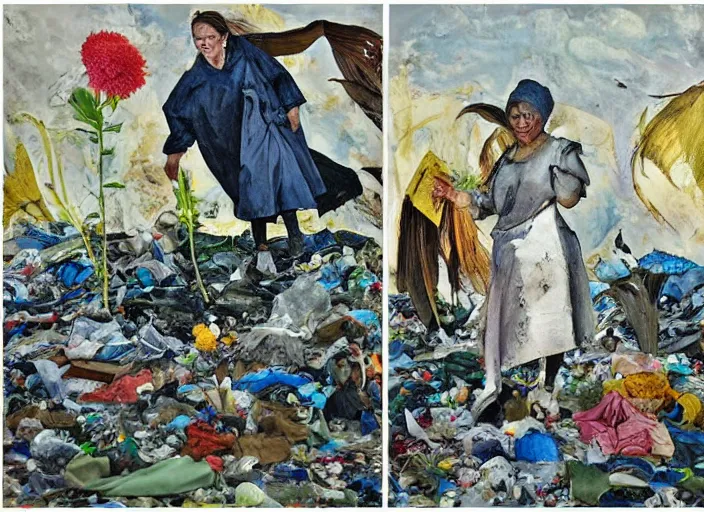 Prompt: painting, suzanne takes your hand and she leads you to the river, she's wearing rags and feathers from salvation army counters, and the sun pours down like honey on our lady of the harbor church in montreal, and she shows you where to look among the garbage and the flowers, there are heroes in the seaweed, by paula rego, by neo rauch, by edward hopper