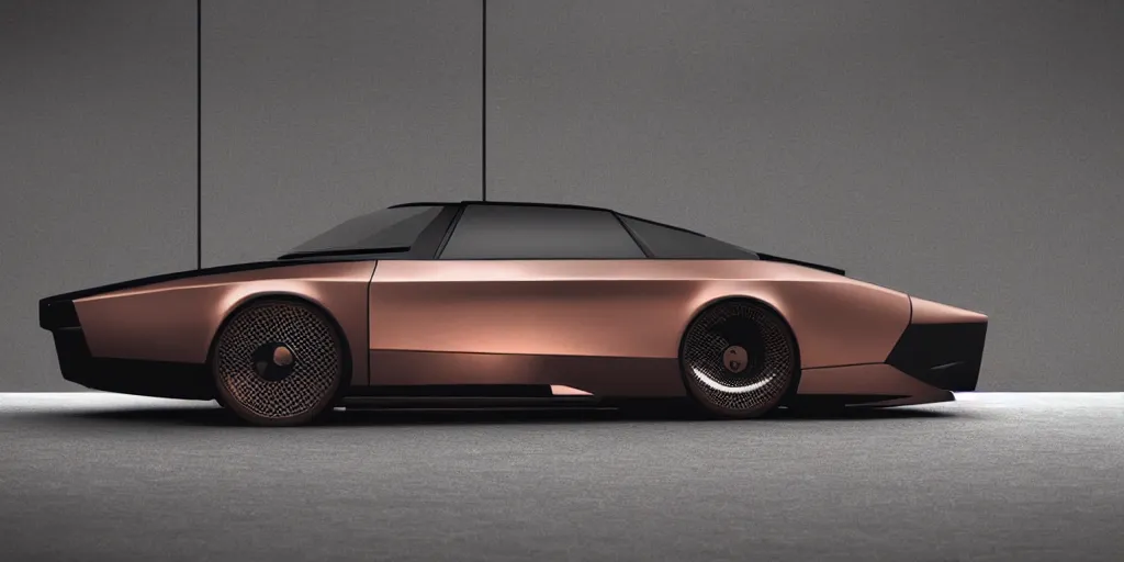 Image similar to a design of a futuristic DMC Delorian, designed by Polestar, blade runner background, front and back view, stained antique copper car paint, black windows, sportscar, dark show room, dramatic lighting, hyper realistic render, depth of field