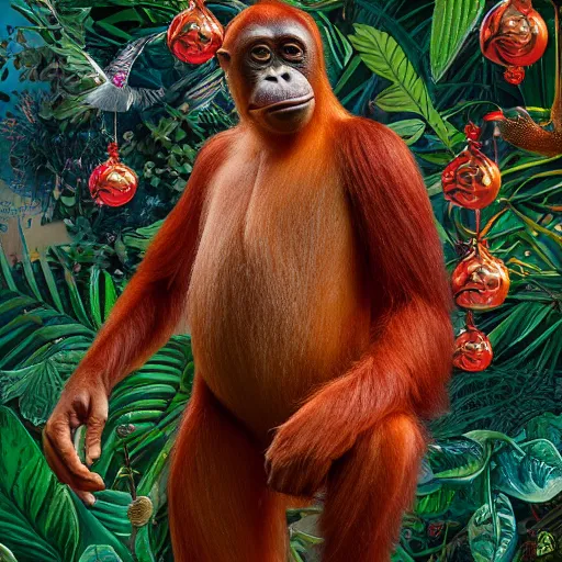 Image similar to portrait of an orang - utan surrounded by hummingbirds and fine floral ornaments, eye - level medium - angle shot, intricate, floral background, by esao andrews, by m. w. kaluta, by yoshita amano, intricate, symmetrical, natural lighting, smooth, 3 d octane render, depth perception, 4 k,, artstation