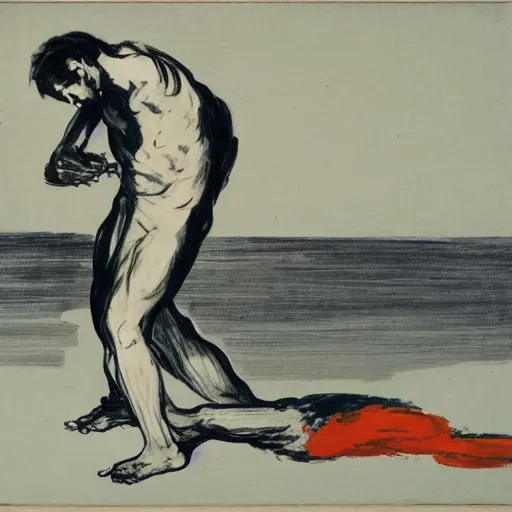 Image similar to hideous by vito acconci, by edouard manet ochre. illustration. a man with a large head & a small body is floating in the air, his arms & legs flailing. his clothes are tattered & he has a wild look in his eyes.