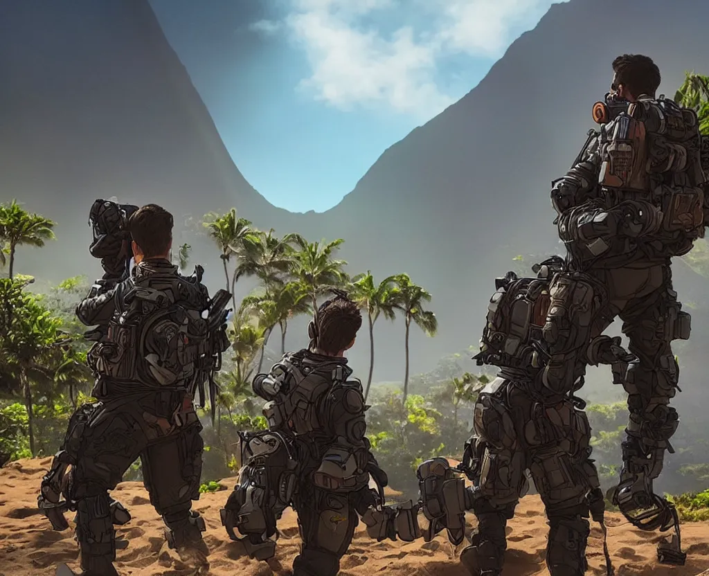 Prompt: vfx color film closeup, apex legends team irl, in maui, low - key lighting award winning photography arri alexa cinematography, hyper real photorealistic cinematic beautiful, atmospheric