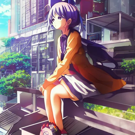 Image similar to Key Anime Visual a macro anime girl sitting on a miniature city, official modern anime