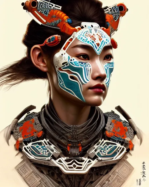 Image similar to symmetry!! portrait of a machine from horizon zero dawn, machine face, decorated with chinese opera motifs, intricate, elegant, highly detailed, digital painting, artstation, concept art, smooth, sharp focus, illustration, art by artgerm and greg rutkowski and alphonse mucha, 8 k