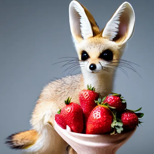 Image similar to baby fennec sneezing on a strawberry, studio photo, droplets, backlit ears