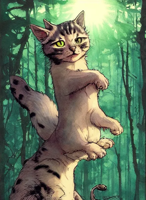 Image similar to a hyper realistic ink cat and the meaning of life and sunbeams blue sky, lush forest comic painting by chiara bautista and norman rockwell and greg rutkowski weta studio, and lucasfilm