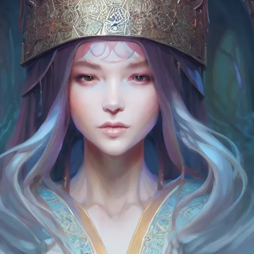 Image similar to a beautiful eldritch priestess girl standing on an altar wearing thick robes | | cute - fine - face, pretty face, fine details by stanley artgerm lau, wlop, rossdraws, james jean, andrei riabovitchev, marc simonetti, and sakimichan, trending on artstation