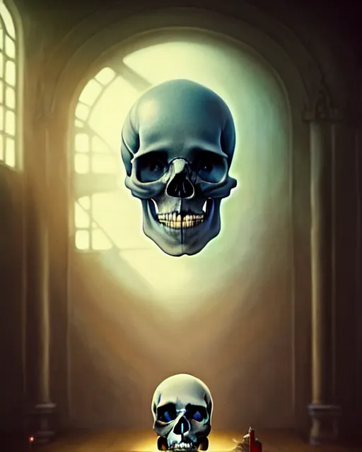 Prompt: highly detailed surreal vfx portrait of a skull in a great hall, stephen bliss, unreal engine, greg rutkowski, loish, rhads, beeple, makoto shinkai and lois van baarle, ilya kuvshinov, rossdraws, tom bagshaw, alphonse mucha, global illumination, detailed and intricate environment