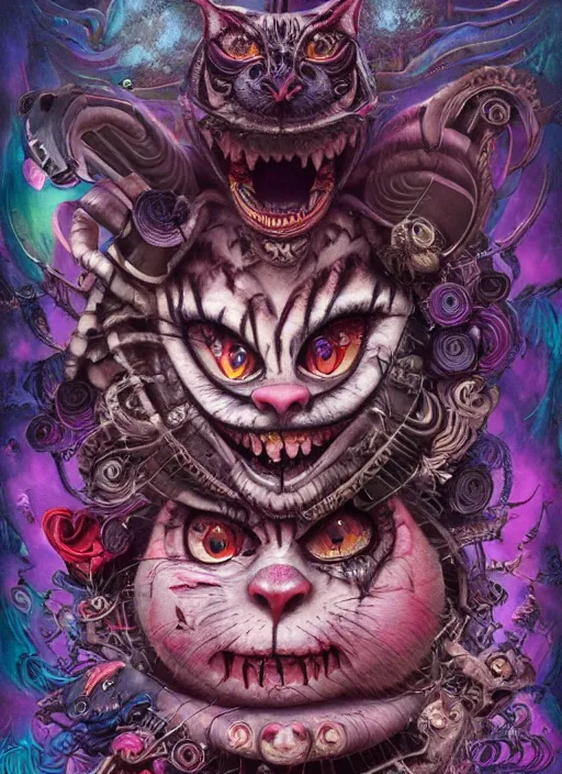 Image similar to cheshire cat, aztec god, highly detailed, cinematic, 8 k, by megan duncanson, benjamin lacombe, adrian borda, stanley artgermm, tom bagshaw, craig mullins, carne griffiths, ayami kojima, beksinski, giger, trending on deviantart, hyper detailed, horror, full of colour