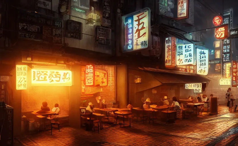 Image similar to a small cozy hole in the wall ramen restaurant nestled in a busy street of a bustling thriving cyberpunk city at night, trending on cgsociety, unreal engine, 4 k wallpaper