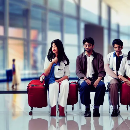 Image similar to Anxious good looking young Indian doctors in American clothes waiting at an airport, by Feng Zhu, highly detailed, excellent composition, cinematic concept art, dramatic lighting, trending on ArtStation