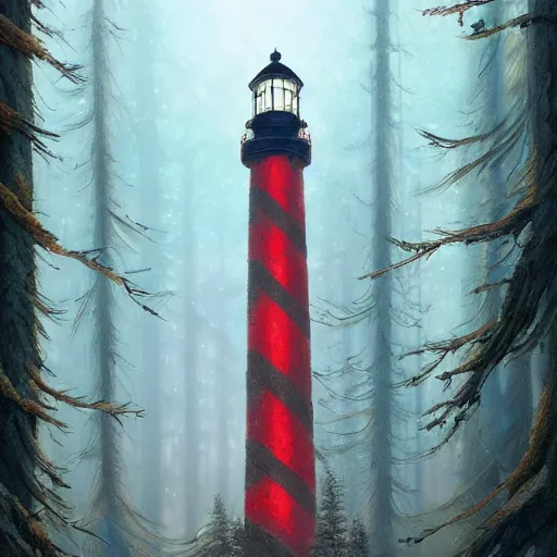 Image similar to a magical lighthouse in the middle of the woods, magical forest, by Jordan Grimmer and greg rutkowski, crisp lines and color,