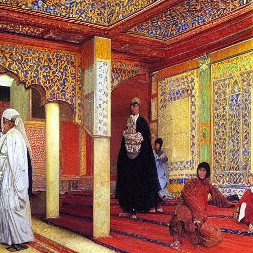 Prompt: brightly coloured patterns on its ceilings, osman hamdi bey,