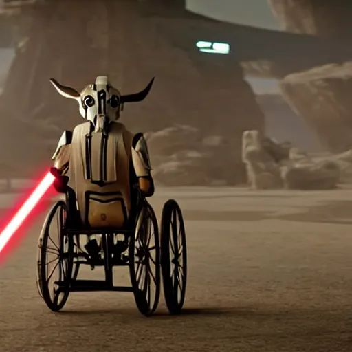 Image similar to General Grievous in a wheelchair with 4 lightsabers, photo from star wars the prequel,