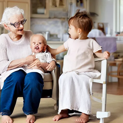 Prompt: white elderly granny sitting next to her white 3 year old baby granddaughter