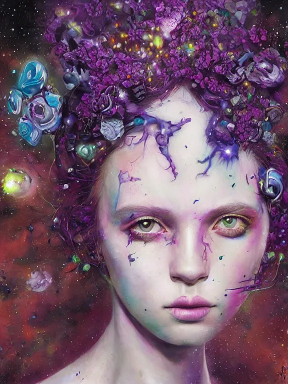 Image similar to art portrait of space decaying girl with purple eyes, with flower exploding out of head,8k,by tristan eaton,Stanley Artgermm,Tom Bagshaw,Greg Rutkowski,Carne Griffiths,trending on DeviantArt,face enhance,hyper detailed,minimalist,cybernetic, android, blade runner,full of colour