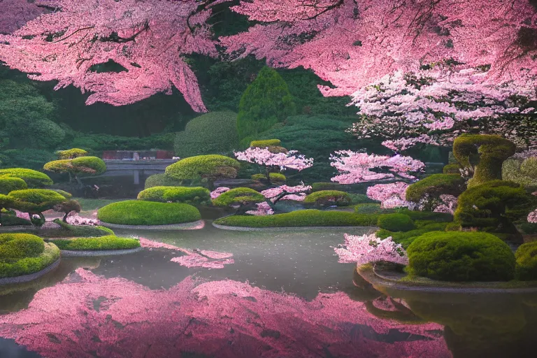 Prompt: masterpiece photography of a japanese garden landscape, with a pond and sakura trees, sakura flowers in the wind, scattered clouds on the horizon, cinematic light, during spring, more atmospheric effects, light fog, dawn rays of light, by Lee Madgwick, Trending on artstation, spring, dawn color scheme, soft colors, 4K, hdr