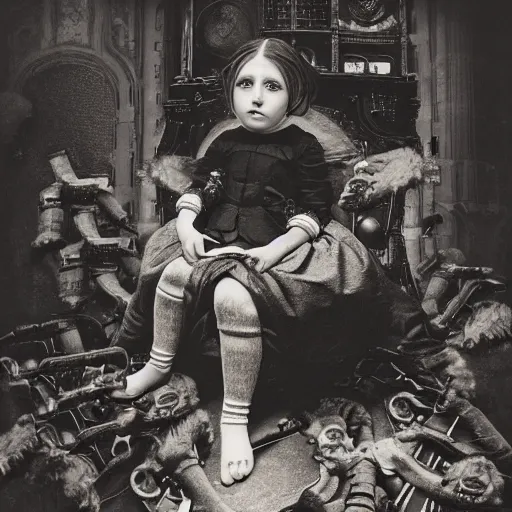 Prompt: a photo of young sad victorian gothic child with big eyes and wide grin sitting on a sofa of bones surrounded by a cyber futuristic cityscape made of human body parts, ultra detailed, 8 k resolution, beautiful lighting, expansive detailed layered city, landscape, 5 0 mm, perfect faces