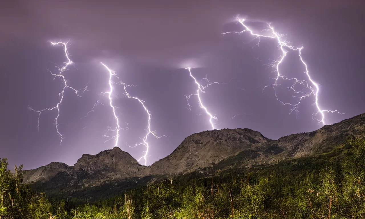 Prompt: lightening over a mountain range