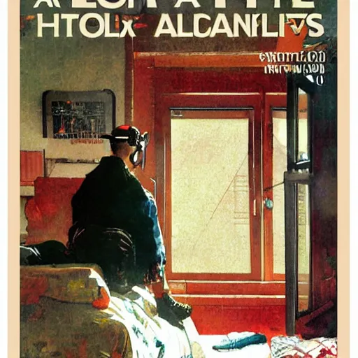 Prompt: A VR addict sits alone in his room, magazine cover illustration by Norman Rockwell