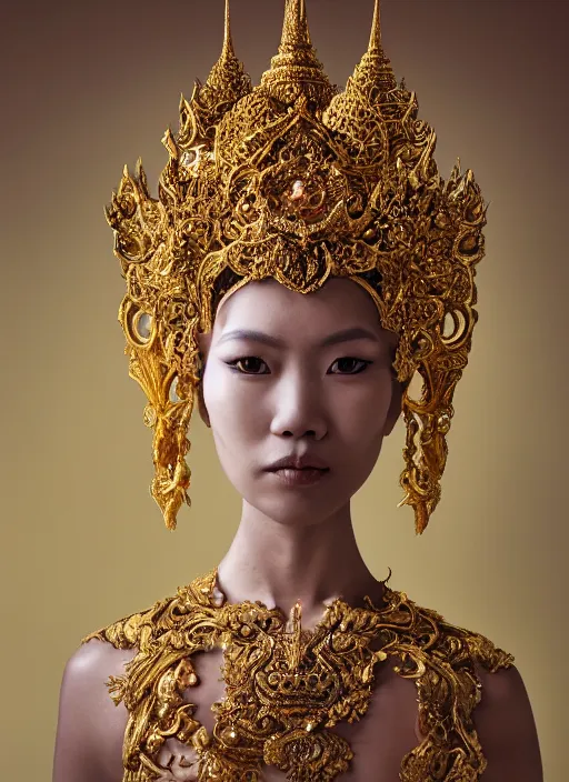 Prompt: a portrait of thai female by stefan geselle and nekro borja, photorealistic, intricate details, hyper realistic, fantasy, elegant, baroque gold headpiece, photorealistic, canon r 3, photography, wide shot, symmetrical features, symmetrical pose, wide angle shot, head to toe, standing pose, feet on the ground, wearable art