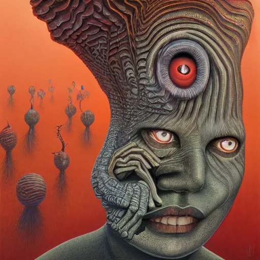 Image similar to her eyes wide by jacek yerka, alex gray, zdzisław beksiński, dariusz zawadzki, jeffrey smith and h.r. giger, oil on canvas, 8k highly professionally detailed, trending on artstation