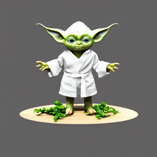 Prompt: curious innocent tiny baby yoda as chef wearing white chefs hat and white apron and giving thumbs up, vegetables, photography, hyperrealism, unreal engine, octane 3 d render, houdini, unity 3 d, highres, adobe premier pro, trending on artstation, trending on deviantart