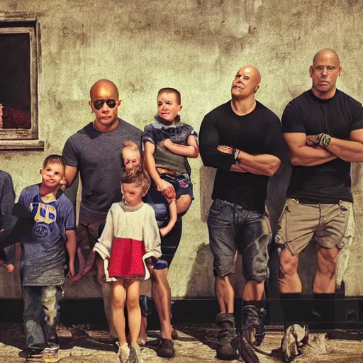 Image similar to closeup photo of vin diesel and his 6 children, sunny day, village house, pastoral, happy, cinematic, art by jan urschel and neil blevins