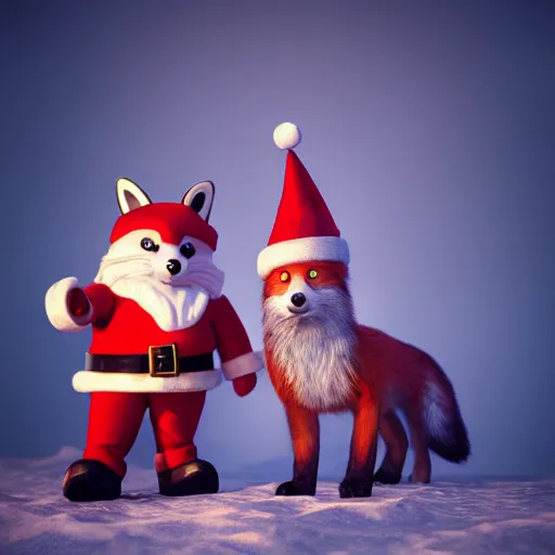 Prompt: cute fox, wearing santa hat stood next to santa claus, realistic cinematic lighting, establishing action shot, ultra detailed, hyper realism, photo, octane render,