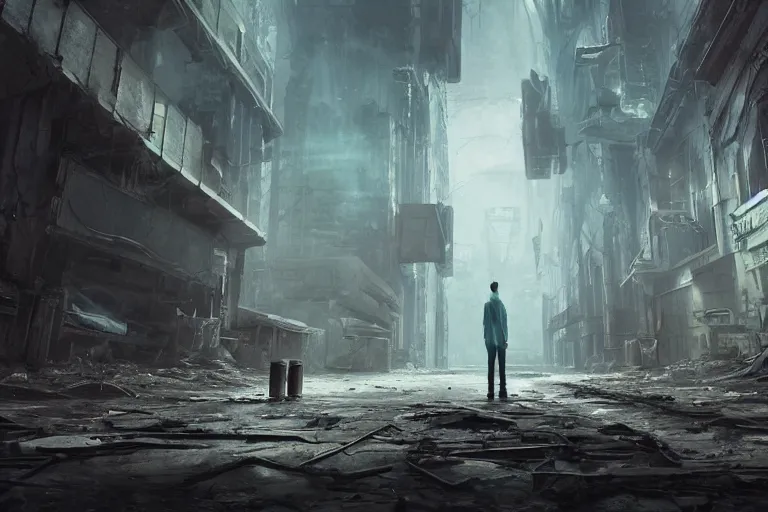 Prompt: a man standing in a street in an abandoned underwater alien city, ancient looming immense buildings ; creepy mood, uneasy atmosphere, sense of wonder, awe, breathtaking digital art, cinematic lighting, striking perspective, aesthetic composition, unreal engine 8 k, trending on artstation, unusual color palette, very realistic, highly detailed