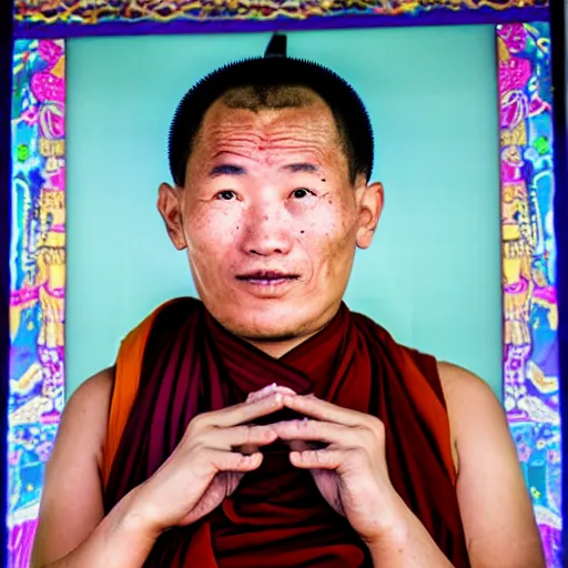 Prompt: portrait of a tibetan monk with facial cybernetic enhancements praying to a futuristic screen, photography