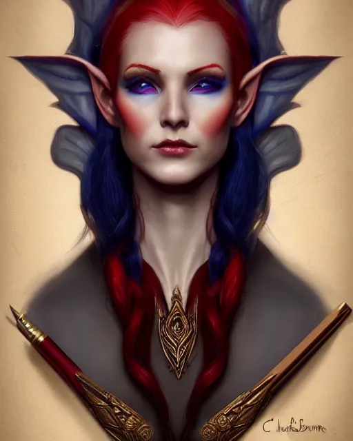 Prompt: a detailed matte oil on canvas head on symmetrical portrait of a distinguished elven woman with separated red and blue hair ( ( ( ( ( makeup ) ) ) ) ) by charlie bowater and lise deharme wlop, trending on artstationhd, dungeons and dragons art critical role