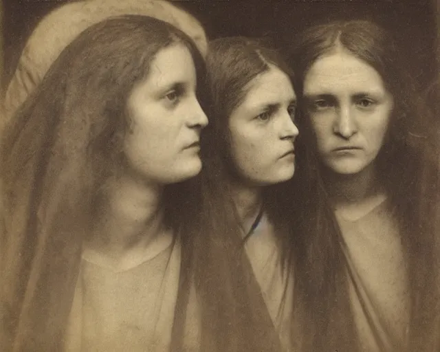 Image similar to the three marys at the sepulchre, expressive faces, julia margaret cameron