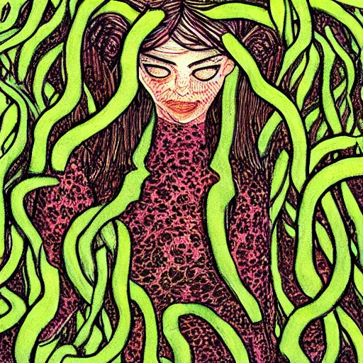 Image similar to a lush vine covered portrait by junji ito