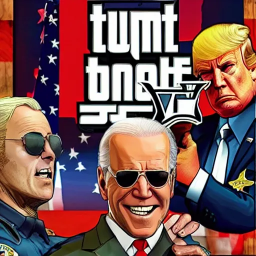 Image similar to joe biden wearing aviators and a sheriff outfit while laughing and arresting trump in gta v, cover art by stephen bliss, boxart, loadscreen