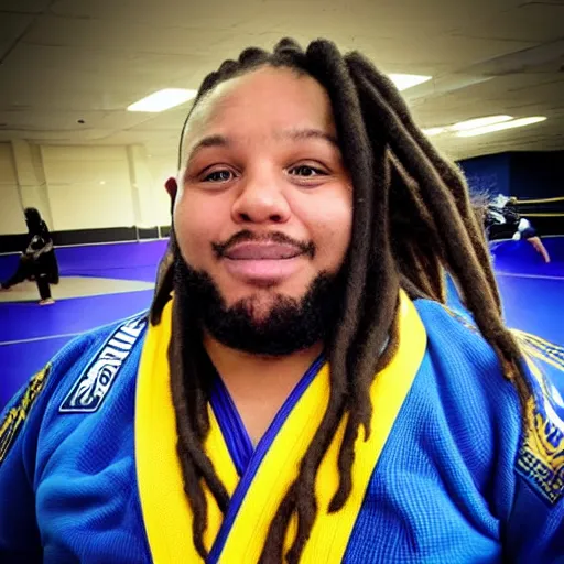 Prompt: photo of chubby black bjj athlete with long dreads posing