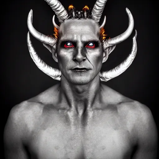 Image similar to photorealistic, iso - 4 0 0, canon eos 5 d mark iv, shot on 7 0 mm, portrait of male archangel bellringer form lexx by lee jeffries and platon colloidal silver skin makeup, flames halo ring over head, demonic, horns, fangs, nd 4, perfect studio lighting