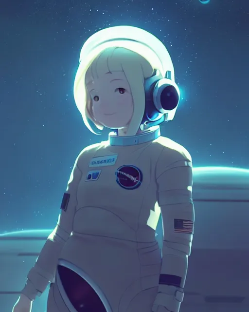 Image similar to a cute thicc astronaut alien girl, floating through black empty space, backlit, epic photo ， by makoto shinkai an krenz cushart