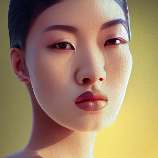 Image similar to innovative avant - garde art, deco fashion, asian women, highly detailed, photorealistic portrait by michael chavel, serene forest setting, golden hour, crisp quality and light reflections, octane render