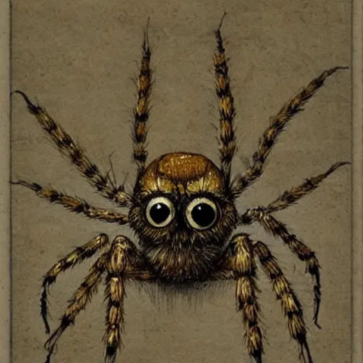 Image similar to jumping spider mixed with owl, sketch by Leonardo Da Vinci, hybrid creature, detailed