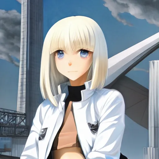 Image similar to platinum - blonde - haired long bob cut blue - eyed princess wearing white leggings and black jacket, standing next to communist monument, communist city, dictatorship of the proletariat, anime, hd anime wallpaper, hyperrealistic lighting, volumetric lighting, drawn by artgerm