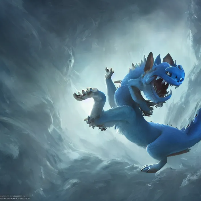 Prompt: a blue dragon with a white belly and gray horns in the style of zootopia by cory lofti, fenghua zhong, kuang hong, ruan jia, artstation, high detail, volumetric light