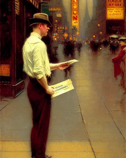 Image similar to attractive man handing out flyers to a broadway show, 1 9 2 0 s new york city, broadway, melancholy, nostalgia, painting by gaston bussiere, craig mullins, j. c. leyendecker