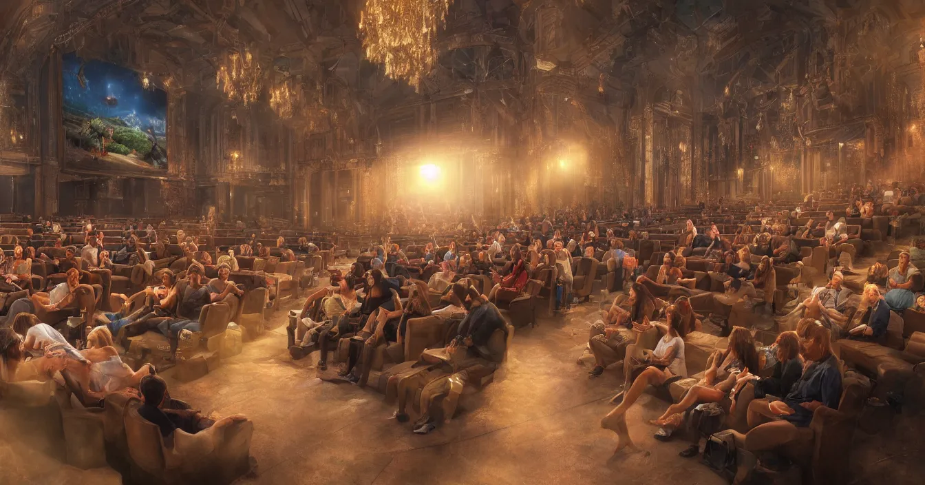 Prompt: human beings sit in the cinema and watch the illusions of their lives on screen of life, which project the volumetric light of consciousness, realistic, deep sense of spirituality, contrast shading, unreal engine, vray, style of thomas kinkade