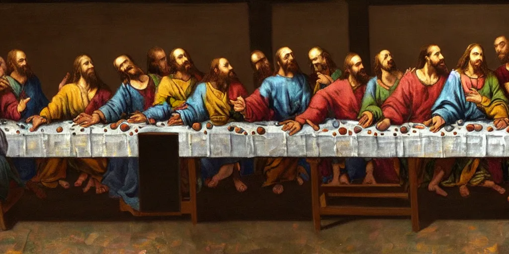 Prompt: reproduction of the last supper, by jackson pollock, 4 k resolution, vivid colors, extremely detailed, digital art, depth, trending on artstation