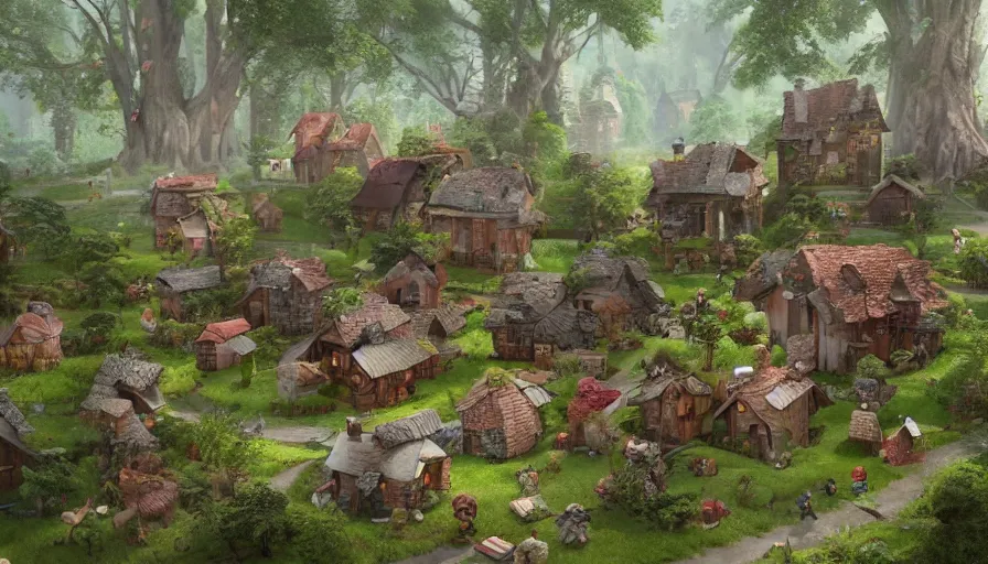 Image similar to Small little village with teddy bears built in a forest with humongous trees, hyperdetailed, artstation, cgsociety, 8k