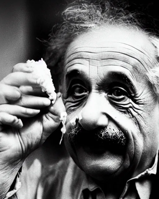 Image similar to A photo of Albert Einstein eating Samosa, highly detailed, trending on artstation, bokeh, 90mm, f/1.4